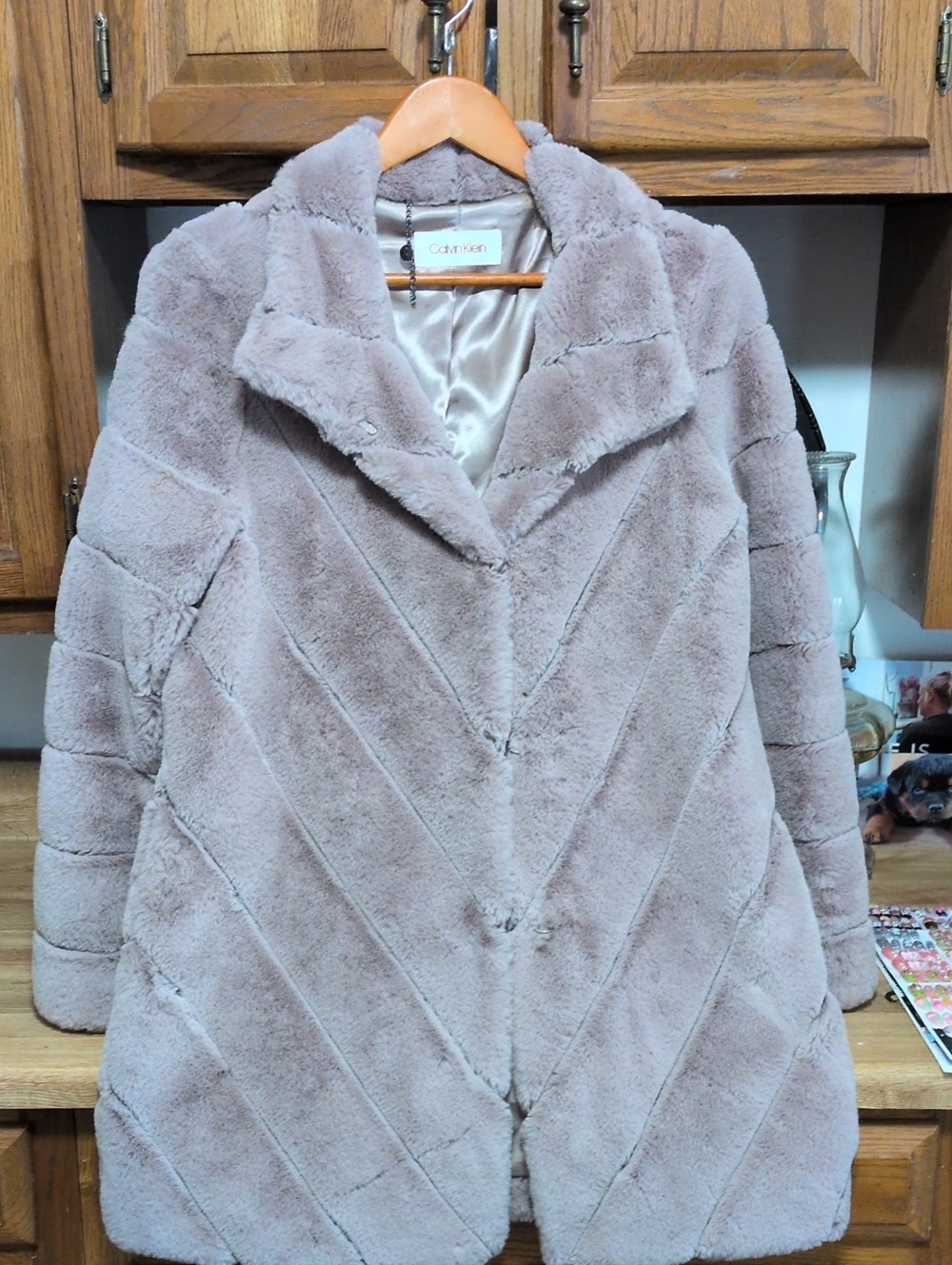 Calvin Klein Plush Taupe Faux-Fur Pea Coat
